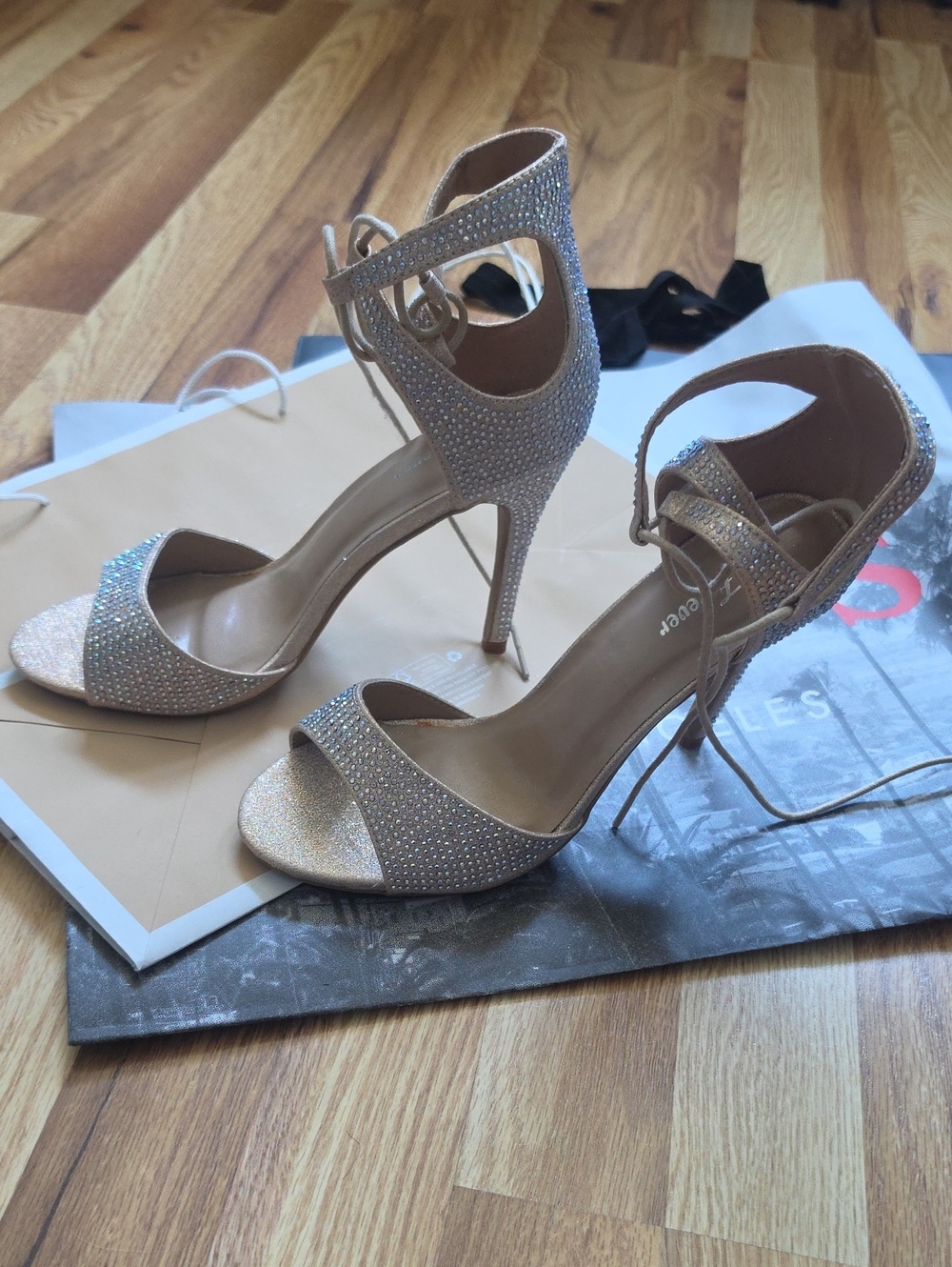 Women’s Sparkle Open-Toe High Heels with Ankle Tie - Champagne